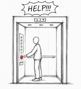 HELP! Man im Aufzug-roter Notrufknopf
